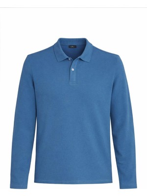 Tudors Erkek Standart Fit Rahat Kesim Pamuklu Yumuşak Dokulu Düz Pike Uzun Kollu Indigo Polo Yaka Tişört