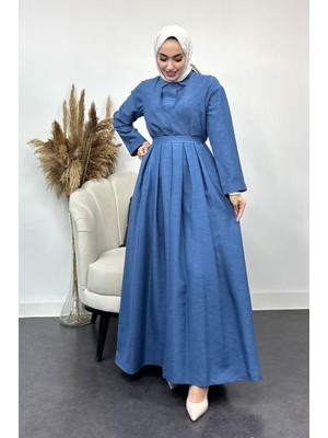Tesettür Diyarı Içi Gömlekli Pileli Jile Elbise-Indigo