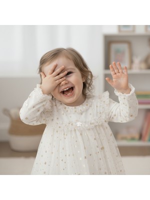 Bebeva Baby Altın Yıldızlı Tüllü Kız Bebek Doğum Günü Elbisesi - Ekru