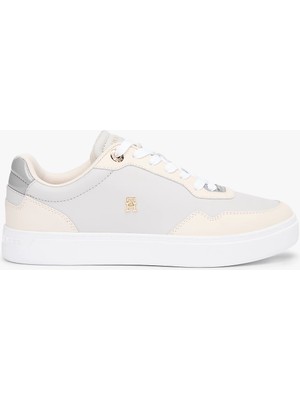 Tommy Hilfiger Kadın Deri Rahat Taban Th Metal Logo Bağcıklı Bej Sneaker FW0FW09022-0F6