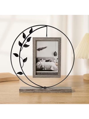 Skygo Metal Yuvarlak Yaprak Modelli Vintage Fotoğraf Çerçevesi Ev Dekorasyonu Ayaklı Resim Çerçevesi