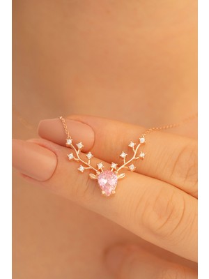 PremiumPort Kadın Gümüş Kolye, Pembe Taşlı Geyik Kafası, Rose Kaplama