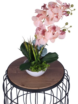 Yapay Çiçek Sitesi Dekoratif Melamin Saksıda Bol Yeşillikli Orkide Tanzimi Açık Pembe