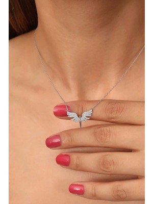 PremiumPort Kadın Gümüş Renk Zincirli Beyaz Taşlı Mikail Meleği Kolye