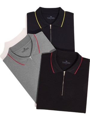 Tudors Erkek 3'lü Paket Lacivert-Gri-Siyah Slim Fit Dar Kesim Pamuklu Düz Fermuarlı Pike Polo Yaka Tişört