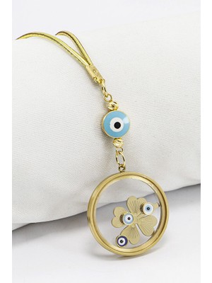 Biuti Gold Renkli Nazarlı Çelik Çerçeveli Yoncalı Fanus Model Dikiz Ayna Süsü, Araba Hediyesi