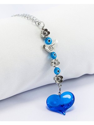 Biuti Turkuaz Murano Cam Kalp Nazar Boncuklu Gümüş Renkli Araba Dikiz Ayna Süsü, Sevgililer Günü