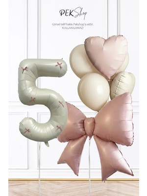 Pekshop Pembe Fiyonk Kurdele Süslü Yaş Balonlu Fiyonk Tema Doğum Günü Balon Seti