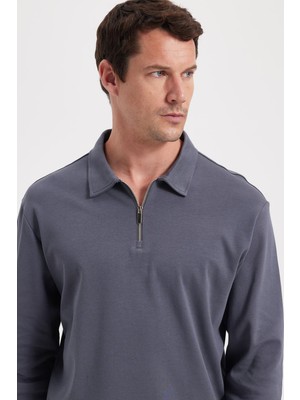 Tudors Erkek Relax Fit Rahat Kesim %100 Pamuk Yarım Fermuarlı Polo Yaka Interlok Antrasit Sweatshirt