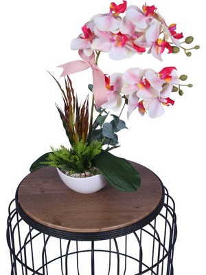 Yapay Çiçek Sitesi Dekoratif Melamin Saksıda Bol Yeşillikli Orkide Tanzimi Pembe