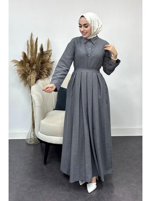 Tesettür Diyarı Içi Gömlekli Pileli Jile Elbise-Füme