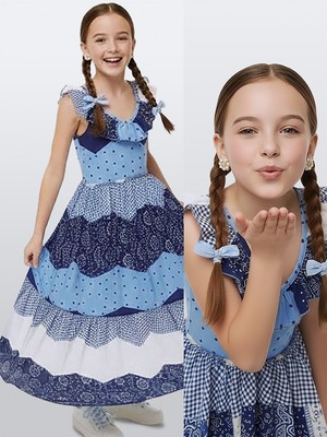 Denokids Kız Çocuk Elbise %100 Pamuk Poplin Lacivert Beyaz Ilkbahar Yaz Sezonu 5-10 Yaş