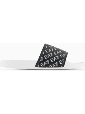 Unısex Ea7 Yazı Desenli Rahat Düz Taban Siyah-Beyaz Terlik 7X000109 AF15125-FC079
