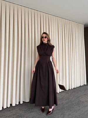 Laluvia Kahverengi Vatkalı Elbise - 25193