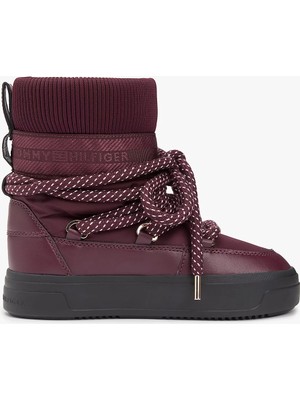 Tommy Hilfiger Kadın Kalın Bağcıklı Deri Düz Taban Çoraplı Kırmızı Bot & Bootie FW0FW09260-XI8