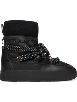 Tommy Hilfiger Kadın Kalın Bağcıklı Deri Düz Taban Çoraplı Siyah Bot & Bootie FW0FW09260-BDS