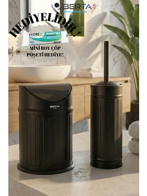 Berta Hijyen Vintage Ikili Banyo Seti Pratik Siyah Çöp Kovası 3lt Tuvalet Fırçası Lüks Model - Çöp Poşeti Hediye!