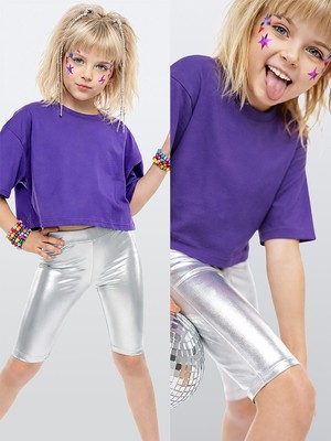 Denokids Kız Çocuk Tayt Gümüş Gri Parlak Metalik Disco Tayt Dizüstü Varak Kumaş