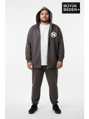 Superlife Erkek Büyük Beden Kapüşonlu Fermuarlı N Baskılı Ince Sweatshirt Hırka SPR26BHR922