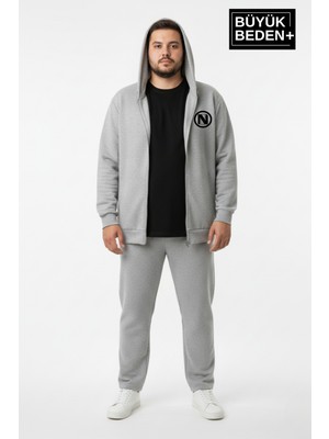 Superlife Erkek Kapüşonlu Fermuarlı N Baskılı İnce Sweatshirt Hırka %64 Pamuk Gri 4XL