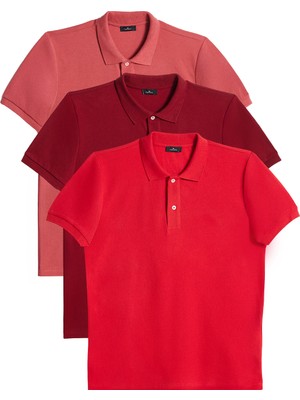 Tudors Erkek 3'lü Paket En Güzel Kırmızı Tonları Slim Fit Dar Kesim Pamuklu Düz Pike Polo Yaka Tişört