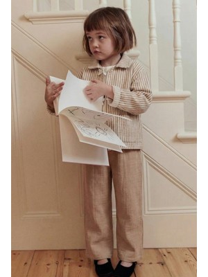 Magu Kız Çocuk Pamuklu Bej Çizgili Ceketli 3 Parça Takım