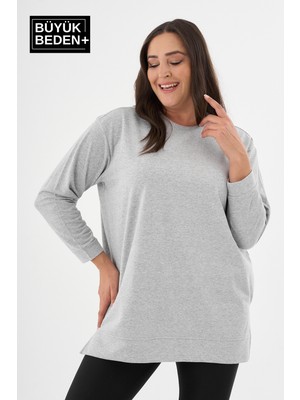 Superlife Kadın Tunik Uzun Kol Büyük Beden İnce Sweatshirt Agri Melanj Rahat Kesim