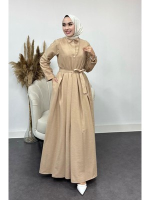 Tesettür Diyarı Içi Gömlekli Pileli Jile Elbise-Bej