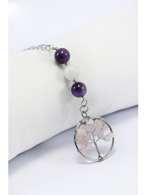 Biuti Doğal Taşlı Örgü Yaşam Ağacı Araba Dikiz Ayna Süsü, Ametist ve Pembe Kuvars Taşlı Araba Hediyesi