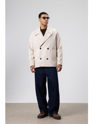 Vamos Oversize Kruvaze Kısa Kaşe Ceket Açık Bej