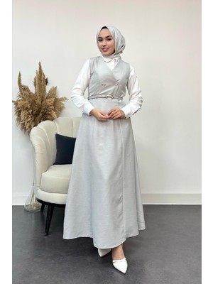 Tesettür Diyarı Kadın  Düğme Detaylı Jile Elbise-Gri