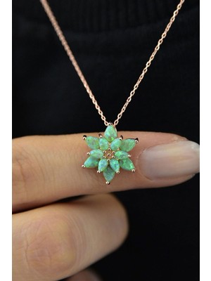 PremiumPort 925 Ayar Gümüş Yeşil Opal Yasemin Çiçekli Kolye