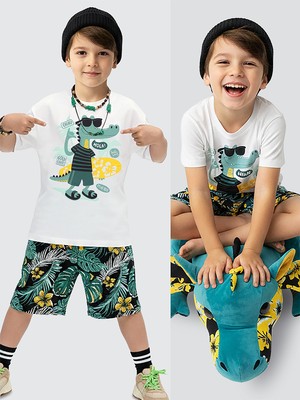 Denokids Erkek Çocuk Takım Timsah Hawaii Baskılı T-Shirt Şort Ikili Takım Yazlık 2-8 Yaş