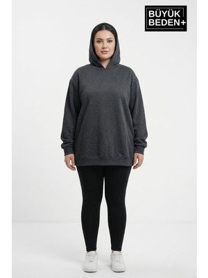 Superlife Kadın Büyük Beden Ince Kapşonlu Kollar ve Etek Ribanalı Ince Swatshırt SPR26BSWK957