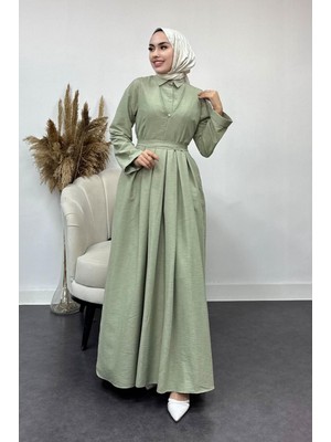Tesettür Diyarı Içi Gömlekli Pileli Jile Elbise-Mint Yeşili