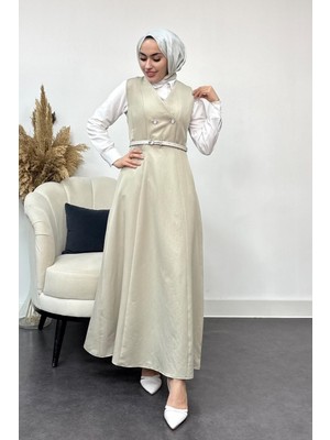 Tesettür Diyarı Kadın  Düğme Detaylı Jile Elbise-Bej