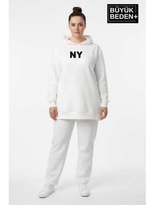 Superlife Büyük Beden Kapşonlu Ny Newyork Baskılı Tunik Ince Sweatshırt  SPR26BTK991-1