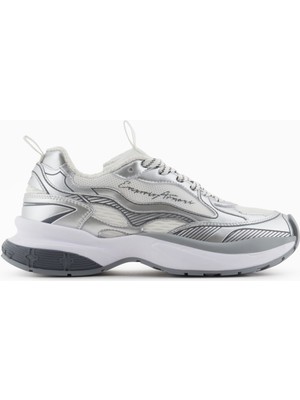 Emporio Armani Kadın Kalın Taban Şerit Çizgi Desenli Renkli Bağcık Gümüş Sneaker X3X238 XR388-00520