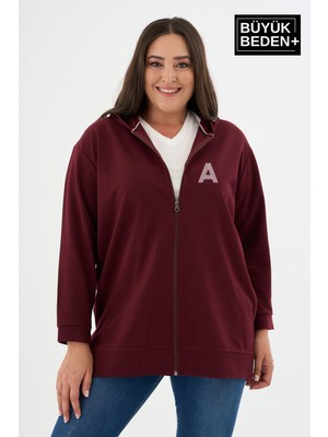 Superlife Kadın Tunik Büyük Beden A Baskılı Fermuarlı Kapşonlu Sweat Hırka SPR26BTK955-3