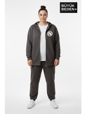 Superlife Kadın Büyük Beden Kapüşonlu Fermuarlı N Baskılı Ince Sweatshirt Hırka SPR26BHRK922