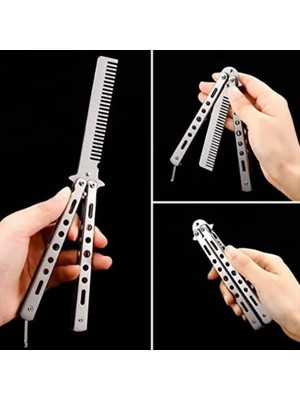 Akıllı Durak Gri Katlanabilir Paslanmaz Çelik Kelebek Bıçak Tasarımlı Tarak