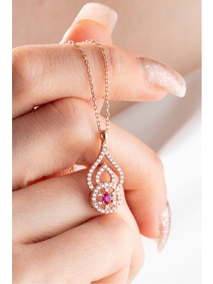 PremiumPort 925 Ayar Gümüş Kırmızı Zirkon Taşlı Zarif Kolye