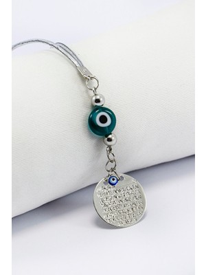 Biuti Zümrüt Yeşili Yassı Nazar Boncuğu Gümüş Renkli Metal Ayetel Kürsi Dualı Dikiz Ayna Süsü