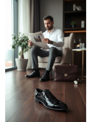 Enoch Erkek Hakiki Deri Siyah Klasik Ayakkabı Tam Parlak Rugan Saya ve Cap Toe Burun Detaylı Bağcıklı Model