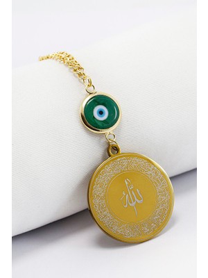 Biuti Yeşil Cam Nazar Boncuklu Gold Çelik Allah Lafzı Ayetel Kürsi Felak Nas Ihlas Dikiz Ayna Süsü (3,5cm)