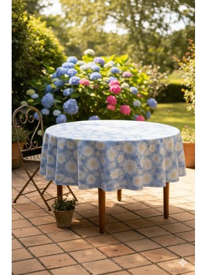 Rona Home Premium Kalite Mavi Papatya Desenli Yuvarlak Masa Örtüsü Leke Tutmaz Özel Dokuma Kumaş Bahçe Balkon