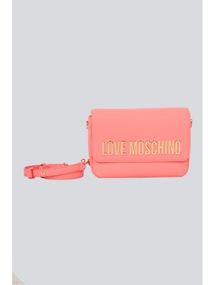 Love Moschino Kadın Deri Üzeri Logo Desenli Fermuar Kapamalı Iç Bölmeli Mercan Omuz Çantası JC4023PP1MKD0-464