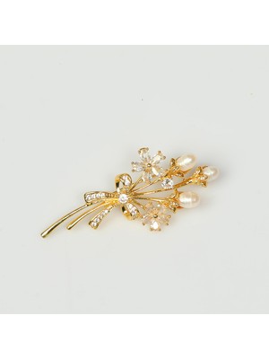 Taş Sandığı Kurdeleli Inci Demeti - Altın Renk Broş - Gerçek Incili