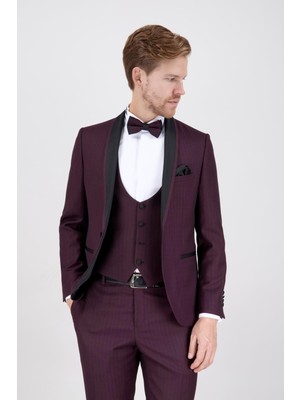 ERKEK SLİM FİT DAMATLIK SMOKİN ŞAL YAKA BORDO YELEKLİ TAKIM ELBİSE