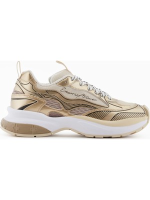 Emporio Armani Kadın Kalın Taban Şerit Çizgi Desenli Renkli Bağcık Gold Sneaker X3X238 XR388-00194